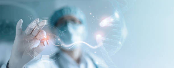 istock Abstract luminous DNA molecule. Hand of doctor touching and cut dna for  checking with analysis chromosome DNA genetic of human on virtual interface. Medicine, Medical science and biotechnology. 1206798483