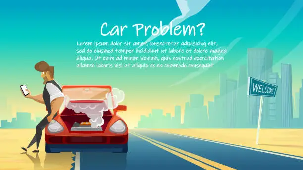 Vector illustration of Man Calls Car Service. Breakdown and Car Problems.