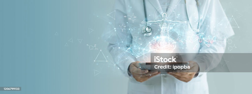 Medicine doctor holding electronic medical record on tablet, Brain testing result, DNA, Digital healthcare and network connection on hologram interface, Science, Medical technology and networking. Healthcare And Medicine Stock Photo