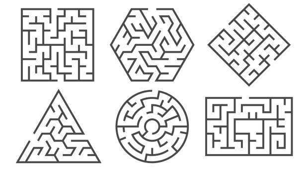 Maze. Labyrinth game in different graphic shapes for right or wrong paths and many entrance riddle, find way rebus logic conundrum vector set Maze. Labyrinth game in different graphic shapes for right or wrong paths and many entrance riddle, find way rebus logic leisure conundrum vector exercise set maze road street confusion stock illustrations