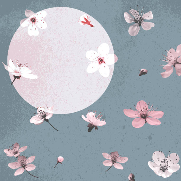 Round frame, background with cherry flowers in vintage colors for your design