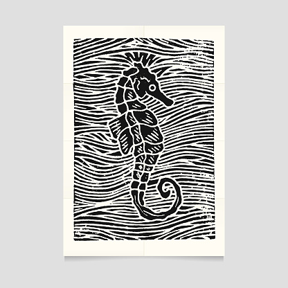 Vector linocut sea horse illustration on folded paper