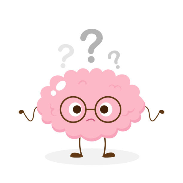 Cute brain in glasses with question mark Cute human brain in glasses with question mark over head. Humor brain character think about answer vector illustration. Find answer, knowledge, learning flat thinking emoji stock illustrations