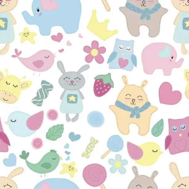 Vector illustration of vector seamless pattern, cute animals, toys and sweets for children, without background