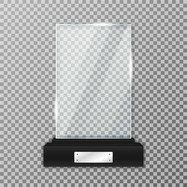 ilustrações, clipart, desenhos animados e ícones de troféu de vidro no estande negro. troféu de vidro realista em forma de retângulo com brilhos e luz. textura acrílico e de vidro - trophy award vector silver