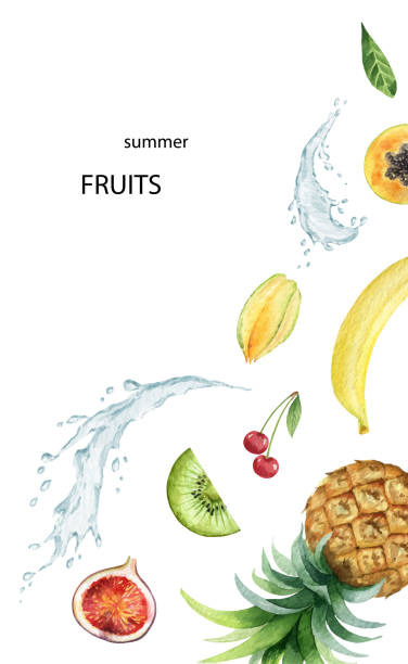 istock Watercolor vector hand painted card of exotic fruits 1206804082