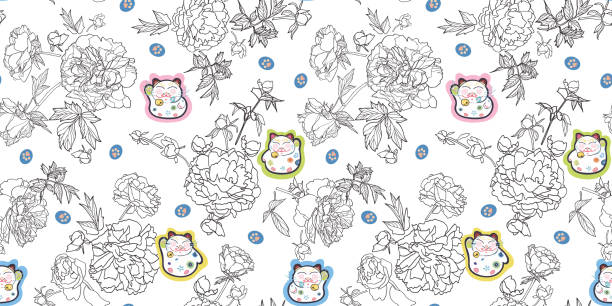 ilustraciones, imágenes clip art, dibujos animados e iconos de stock de botany clásico línea arte peony flor patrón de gato. - line art welcome sign white black