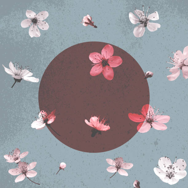 istock Round frame, background with cherry flowers in vintage colors for your design 1206804225