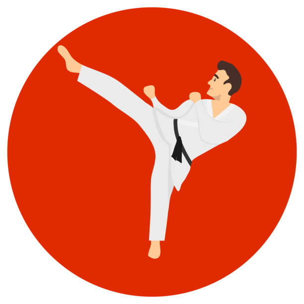 ilustrações, clipart, desenhos animados e ícones de chutes de karatê masculino. um homem em um quimono branco com um cinto preto em um fundo vermelho. ilustração vetorial. vetor. - martial arts child judo computer graphic