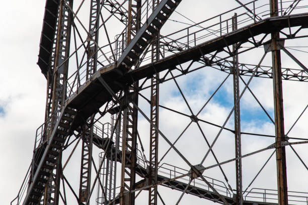 istock Old factory in Osaka Port framed by steel frames 1206806508