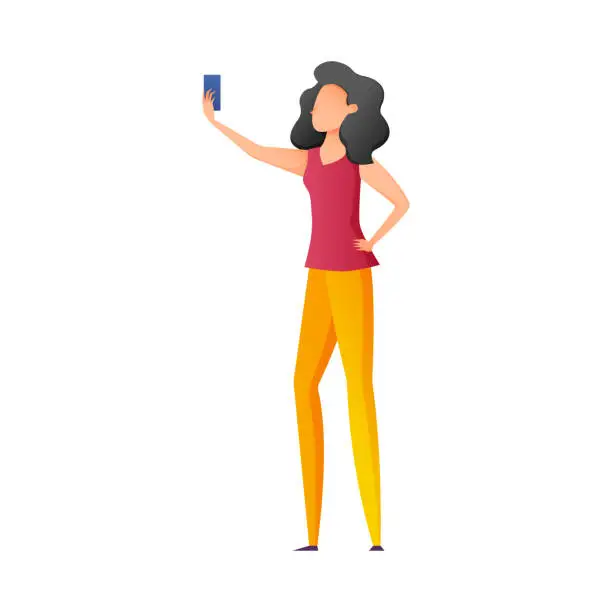 Vector illustration of Cute brunette woman in long yellow pants make selfie