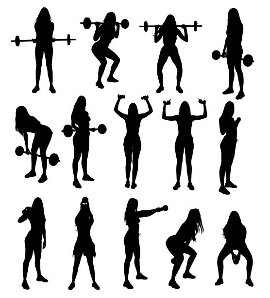 ilustraciones, imágenes clip art, dibujos animados e iconos de stock de juego de silueta de ejercicios de levantamiento de pesas gimnasio fitness joven mujer atractiva - barbell weights dumbbell sport