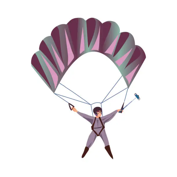 Vector illustration of Cute modern parachuter in clothes make selfie photo in air