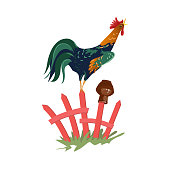 istock Cute colorful farm rooster stay on wood fence 1206807755