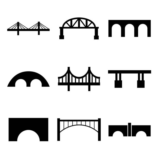 ikona zestawu mostów, logo izolowane na białym tle - bridge connection contemporary suspension bridge stock illustrations