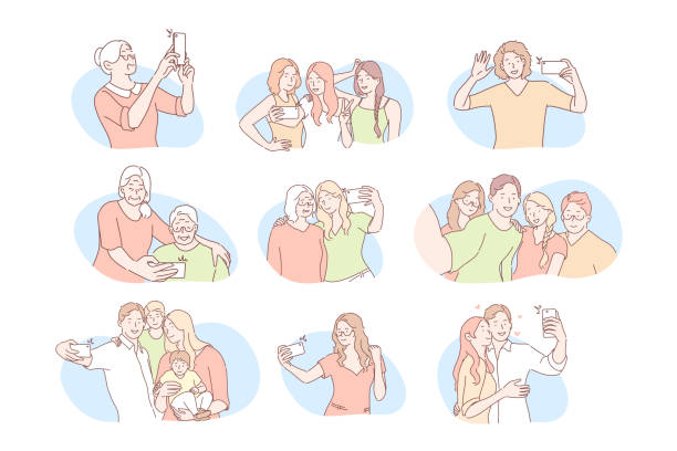 illustrations, cliparts, dessins animés et icônes de communication des médias sociaux, concept de selfie set - wireless technology cheerful granddaughter grandmother