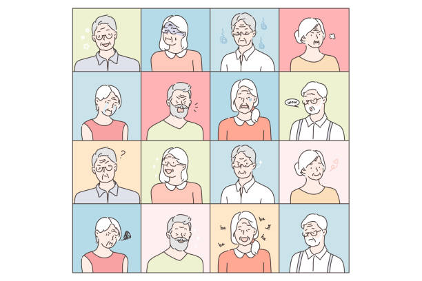 illustrazioni stock, clip art, cartoni animati e icone di tendenza di concetto di set di emozioni per gli anziani - shock grandmother surprise senior adult