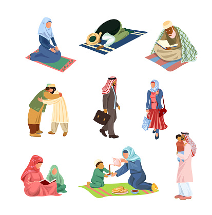 Set of different arabic muslim people in daily activities