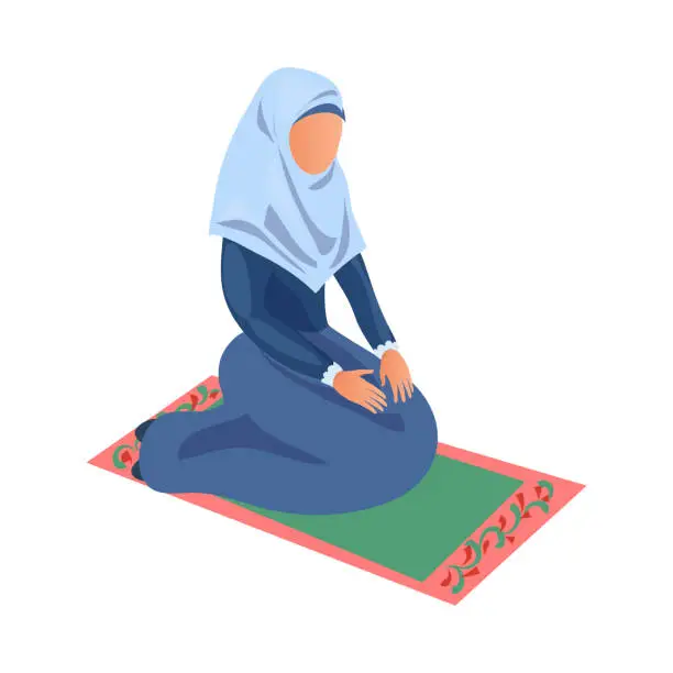 Vector illustration of Muslim woman in blue clothes give prayer to Allah