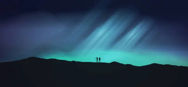 Vector illustration of Night with aurora, northern lights exploration adventure with hikers
