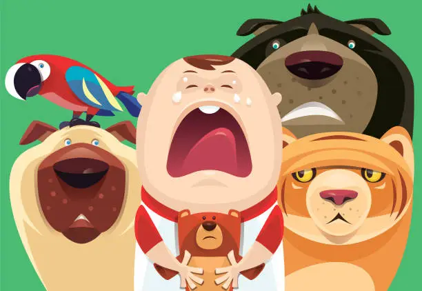 Vector illustration of pets with crying baby