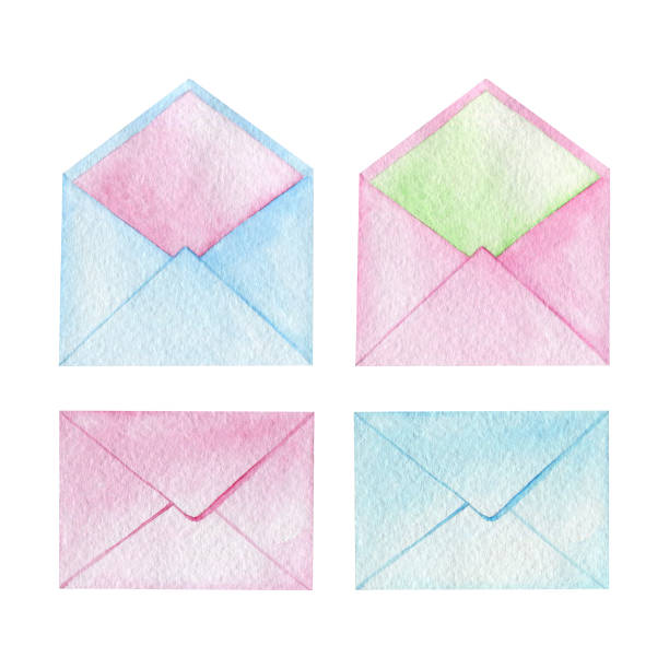 illustrations, cliparts, dessins animés et icônes de ensemble d’aquarelles d’enveloppes ouvertes et fermées - white background square close up office supply