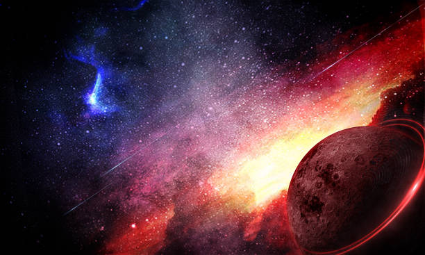 istock cosmic abstract illustration, red moon and blue nebula, shining stars, 3D - image 1206814658