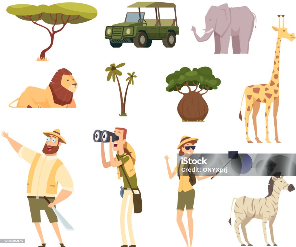 African Safari Wildlife Animals Travel Car Kenya Jungle Characters Vector  Cartoon Set Stock Illustration - Download Image Now - iStock
