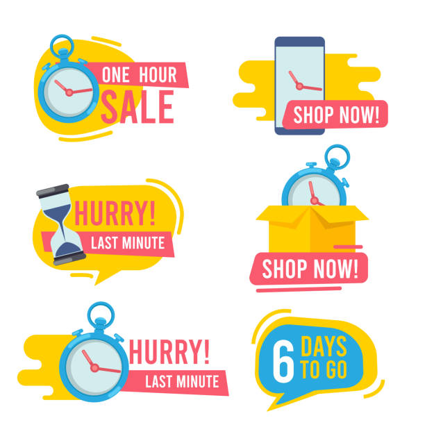 Countdown badges. Promotional hot offers fast sales fire emblem big deals vector marketing stickers collection Countdown badges. Promotional hot offers fast sales fire emblem big deals vector marketing stickers collection. Stopwatch and countdown, promotion minute badge illustration leaving a tip stock illustrations