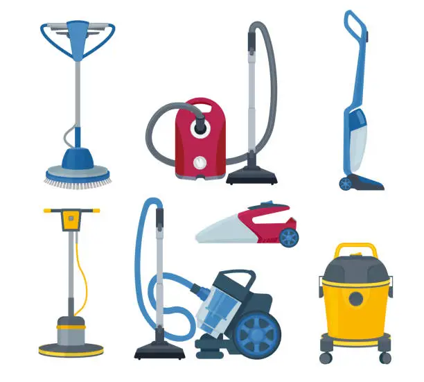 Vector illustration of Vacuum cleaner. Modern automatic electrical gadgets for cleaning service vector cartoon set