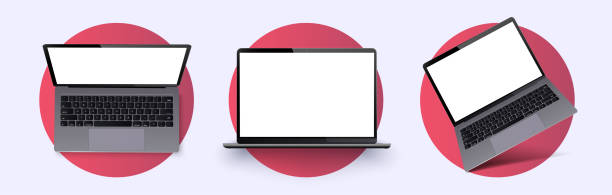 Laptop frame less blank screen. Realistic laptop in different positions, angle. Mockup generic device. Telephone frame with blank display isolated. Realistic simple isolated 3d vector set. Mobile Laptop frame less blank screen. Realistic laptop in different positions, angle. Mockup generic device. laptop side icon stock illustrations