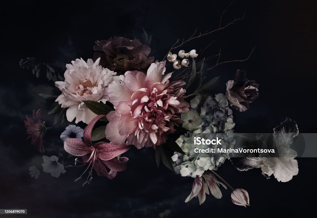 Floral background. Vintage flowers. Vintage flowers. Peonies, tulips, lily, hydrangea on black. For business cards, covers, cosmetics and perfume packaging, interior decoration. Floral background. Baroque style floristic illustration. Flower Stock Photo