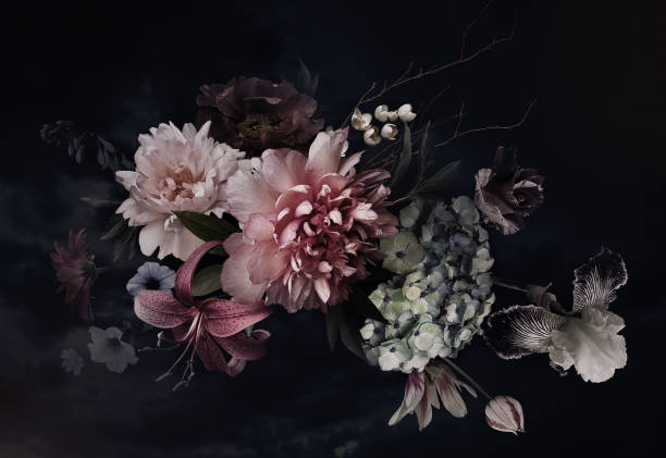 Floral background. Vintage flowers. Vintage flowers. Peonies, tulips, lily, hydrangea on black. For business cards, covers, cosmetics and perfume packaging, interior decoration. Floral background. Baroque style floristic illustration. bouquet photos stock pictures, royalty-free photos & images