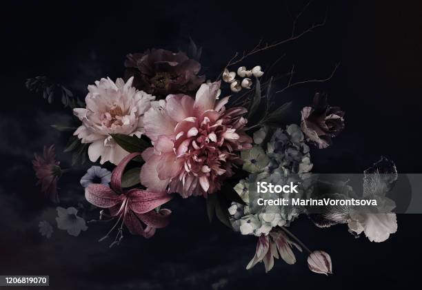 Floral Background Vintage Flowers Stock Photo - Download Image Now - Flower, Painted Image, Backgrounds