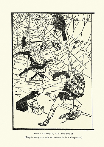 Vintage engraving of Japanese art, Stuck in a giant spiders web by Hokousai