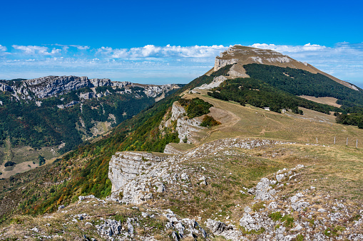 Col de Bataille, Ombleze, France. View on the plateau of Tete de la Dame in the Vercors mountains in France