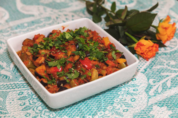 Traditional Turkish appetizer Saksuka, aubergine salad