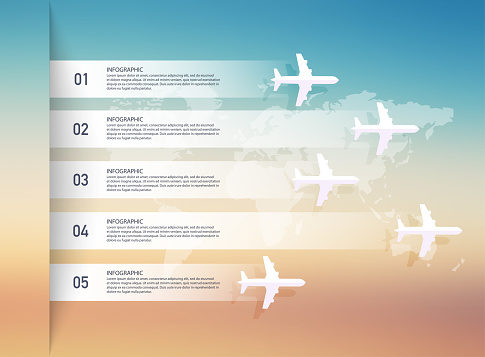 Airplane and world map infographic. Can be used for website layout, numbered banners, diagram, horizontal cutout lines, web design.