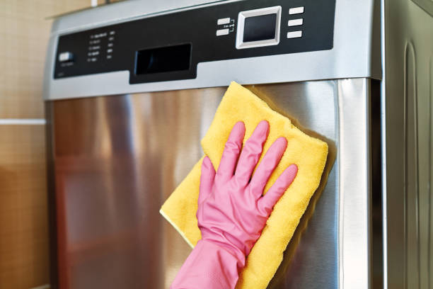Woman is cleaning dishwasher. stock photo