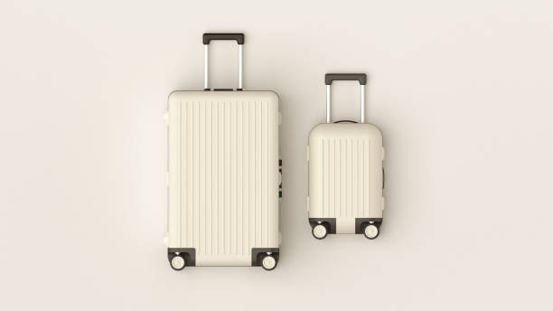白い背景に設定された白い荷物、トップビューの画像、フラットレイ組成物。旅行のミニマリストの概念、黒と白の古典的な手荷物のモックアップ、小さくて大きい。スーツケースアクセサ� - luggage ストックフォトと画像