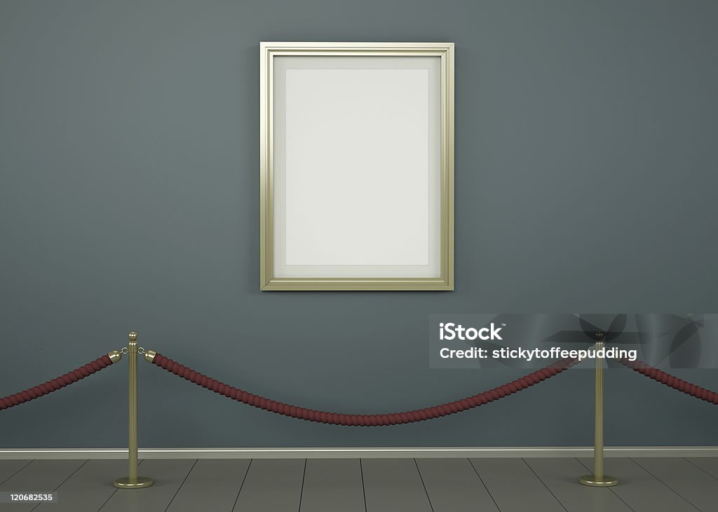 Single picture in a gallery Blank picture with gold frame in a gallery. 3D rendered image. Museum Stock Photo