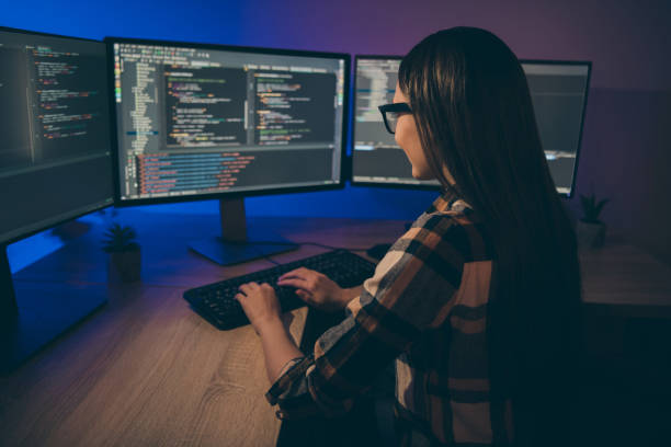 istock Back rear view photo of programmer improving security system of her corporation by using artificial intelligence 1206829085
