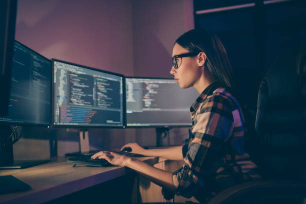 istock Side profile photo of smart intelligent clever girl typing new code while debugging the initial data of corporation security 1206829162