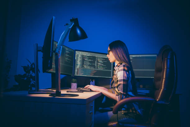 istock Side profile photo of interested pensive serious woman looking through security code in search of errors to be removed 1206829526