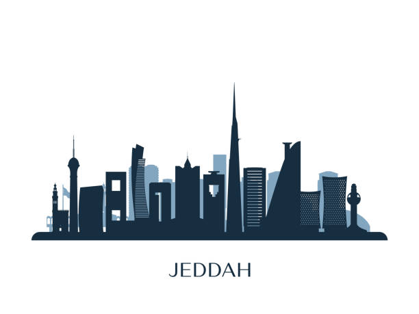 ilustrações de stock, clip art, desenhos animados e ícones de jeddah skyline, monochrome silhouette. vector illustration. - jiddah