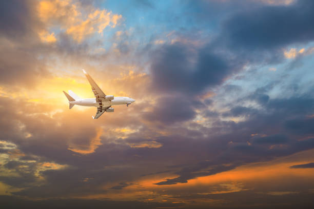 istock High-altitude airplane and beautiful sky at dusk 1206832441