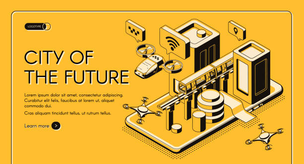 illustrations, cliparts, dessins animés et icônes de bannière web de vecteur isometric de ville du futur - drone futuristic