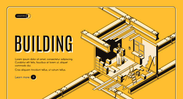 строительный сервис изометрический вектор веб-баннер - construction apartment house in a row stock illustrations