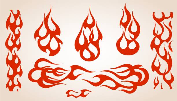Red flame elements set, vector illustration Red fire, old school flames, two elements for the two different endless borders, vector set of isolated illustrations flame borders stock illustrations