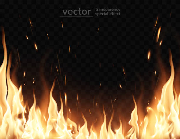 Burning fire.The effect of transparency. Highly realistic illustration. Tongues of flame, sparks, transparent smoke on a checkered background. Very realistic illustration. fire natural phenomenon stock illustrations